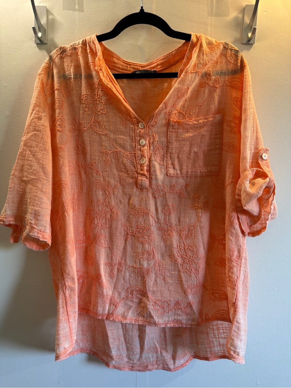 Made in Italy Coral Embroidered Cotton Blend Tunic Top M Boho Lagenlook